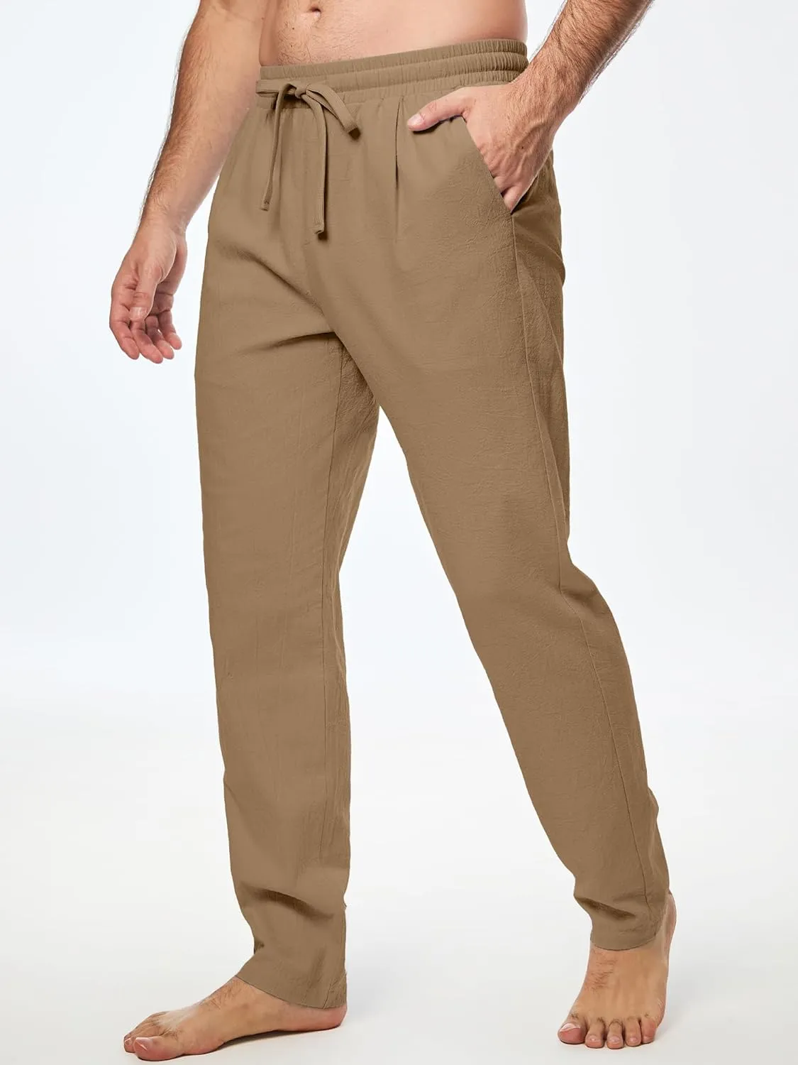 JMIERR Mens Cotton Pants Casual Elastic Waist Drawstring Lightweight Summer Beach Trousers with Pockets