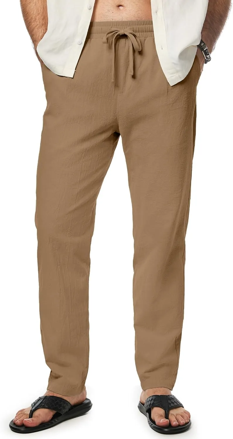 JMIERR Mens Cotton Pants Casual Elastic Waist Drawstring Lightweight Summer Beach Trousers with Pockets