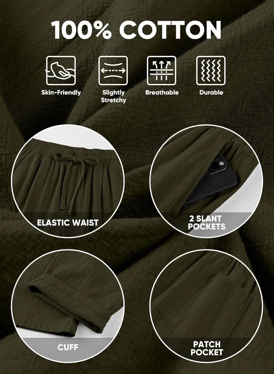 JMIERR Mens Cotton Pants Casual Elastic Waist Drawstring Lightweight Summer Beach Trousers with Pockets