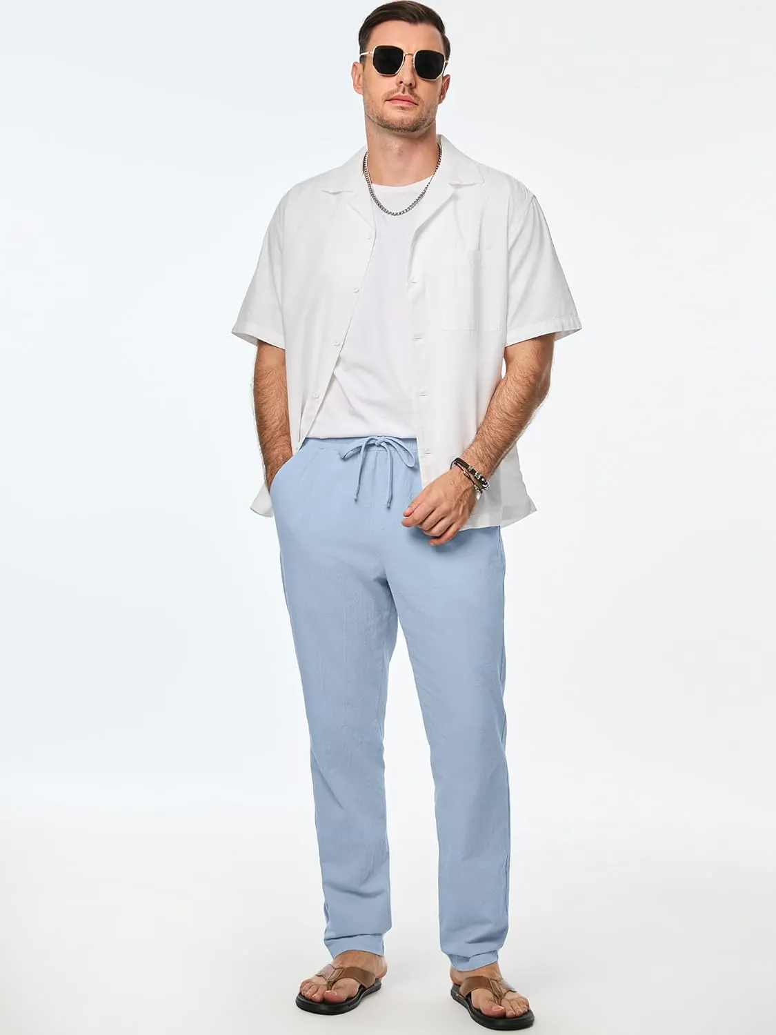 JMIERR Mens Cotton Pants Casual Elastic Waist Drawstring Lightweight Summer Beach Trousers with Pockets