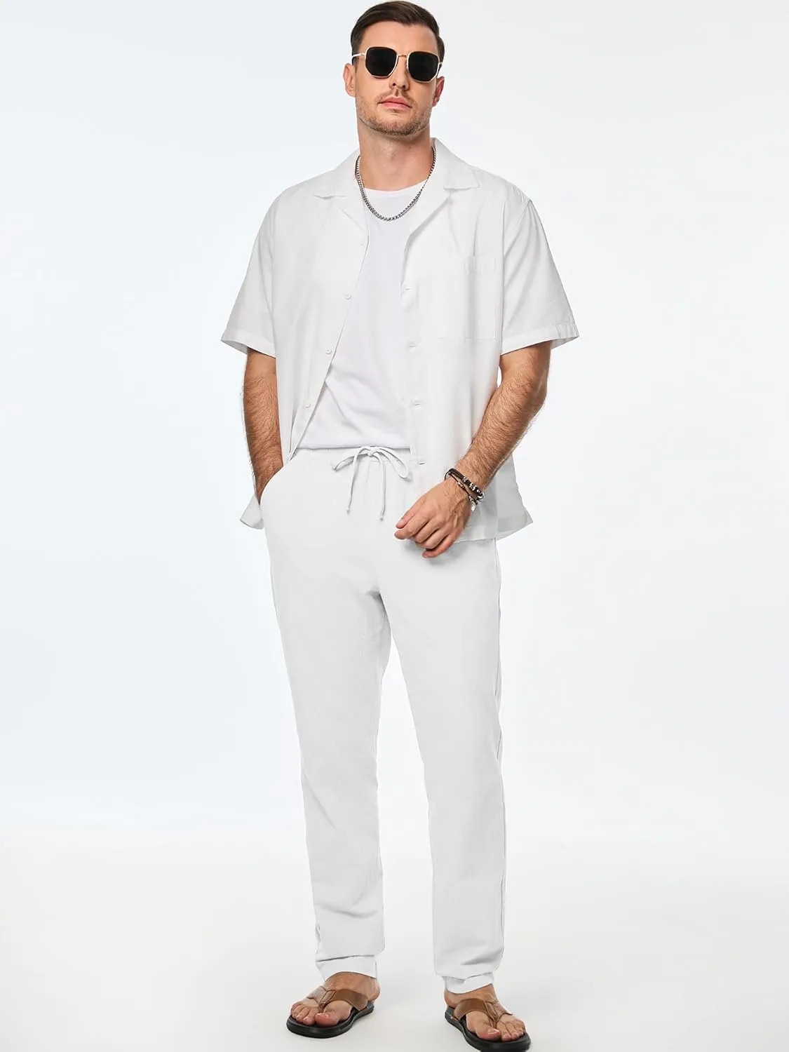 JMIERR Mens Cotton Pants Casual Elastic Waist Drawstring Lightweight Summer Beach Trousers with Pockets
