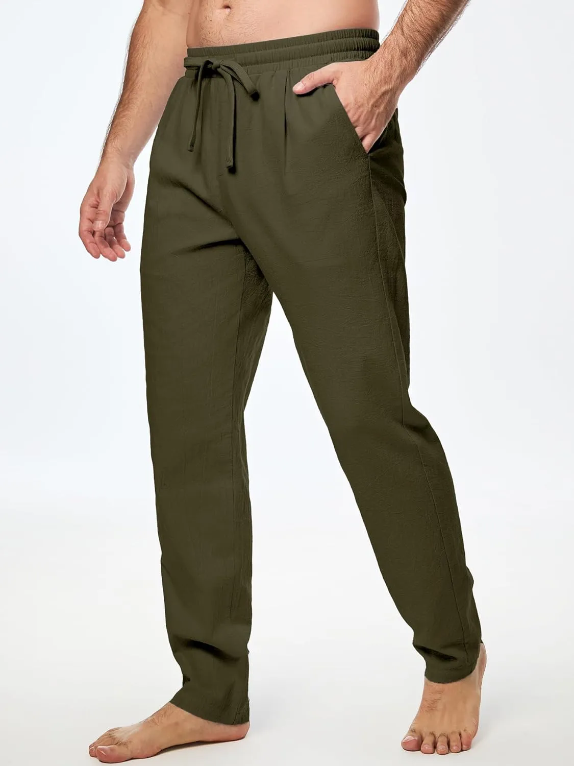 JMIERR Mens Cotton Pants Casual Elastic Waist Drawstring Lightweight Summer Beach Trousers with Pockets