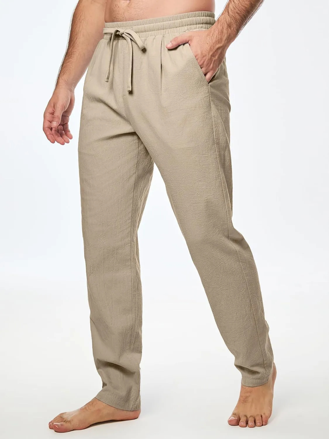 JMIERR Mens Cotton Pants Casual Elastic Waist Drawstring Lightweight Summer Beach Trousers with Pockets