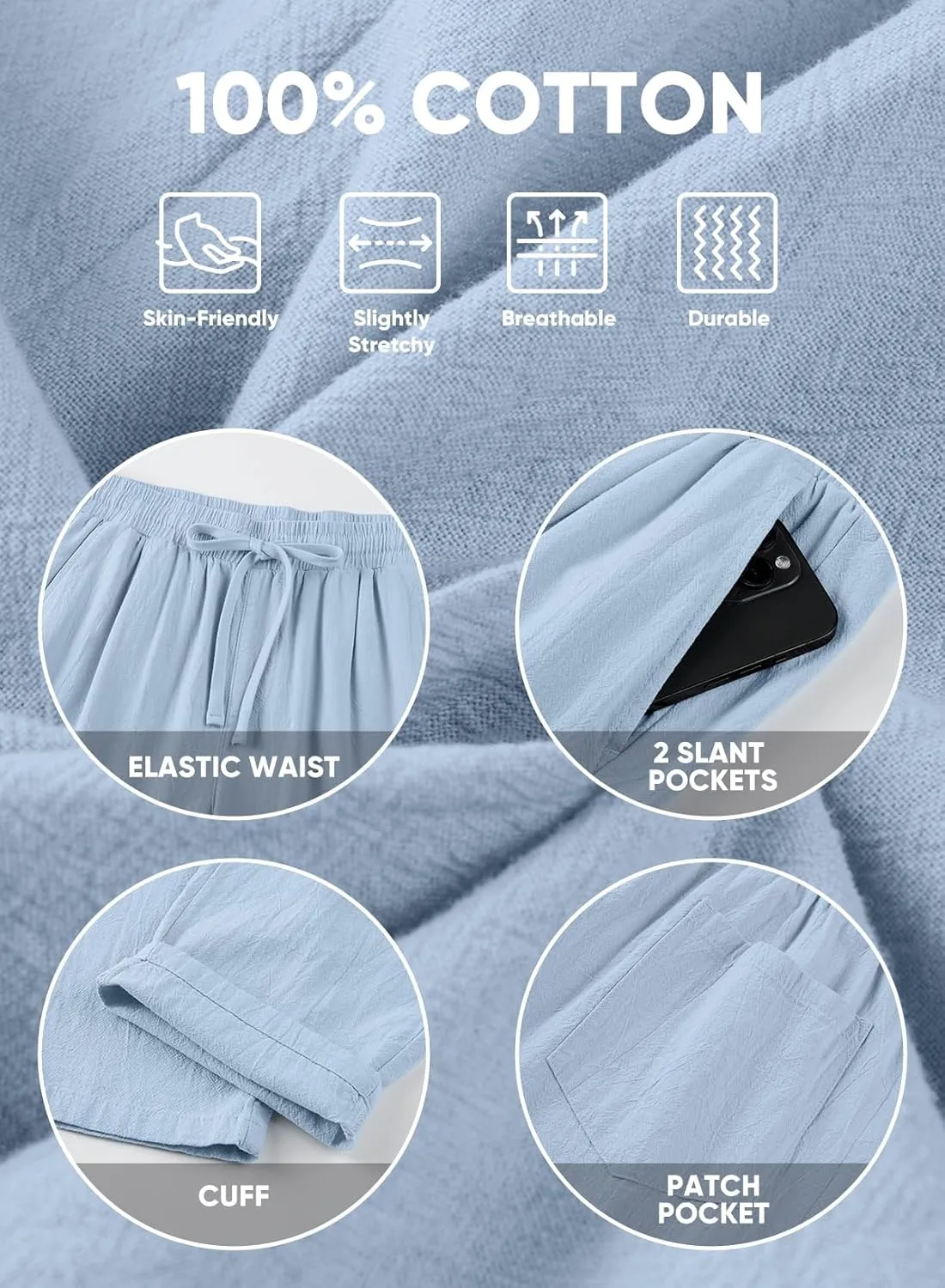 JMIERR Mens Cotton Pants Casual Elastic Waist Drawstring Lightweight Summer Beach Trousers with Pockets