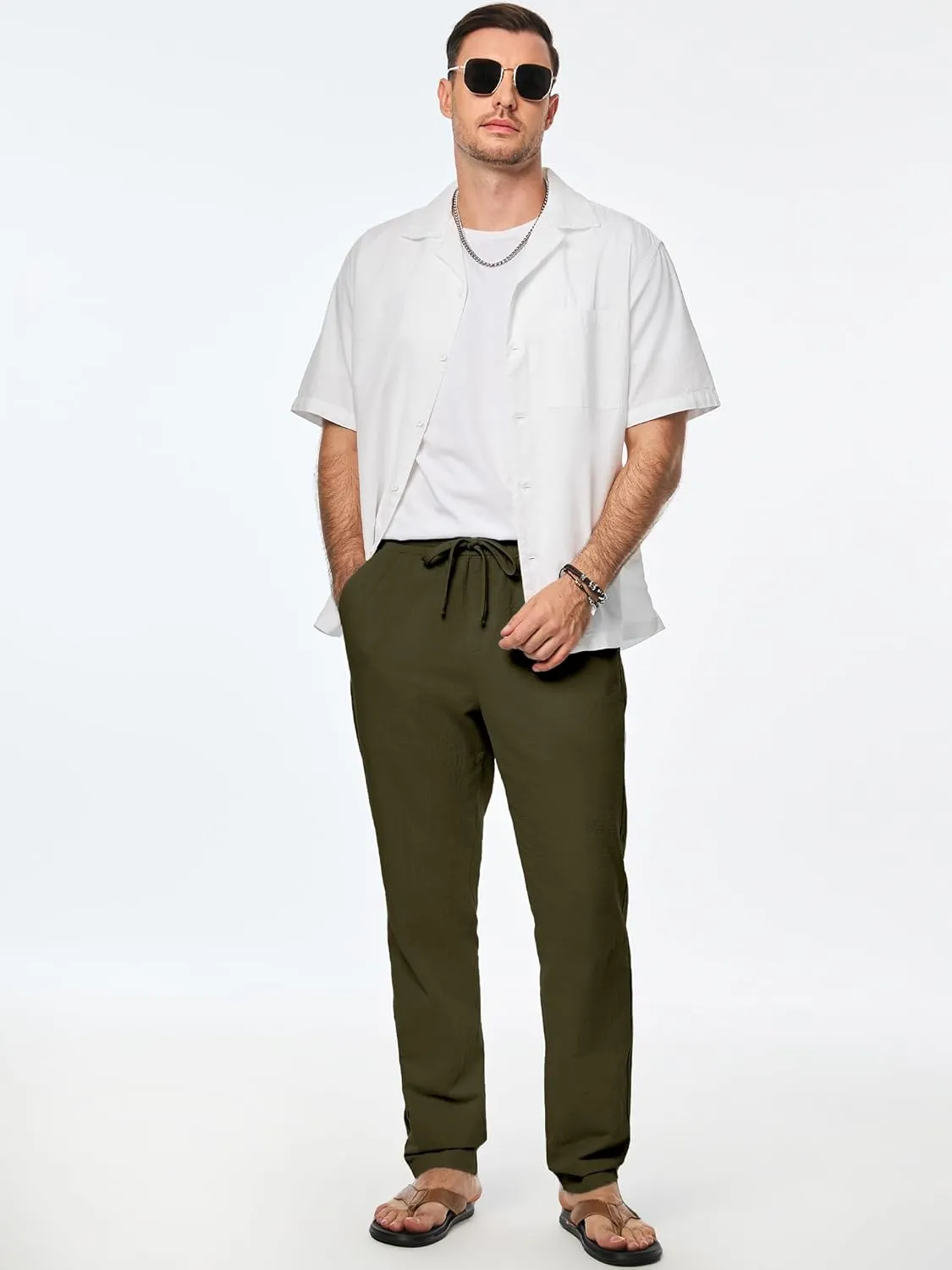JMIERR Mens Cotton Pants Casual Elastic Waist Drawstring Lightweight Summer Beach Trousers with Pockets