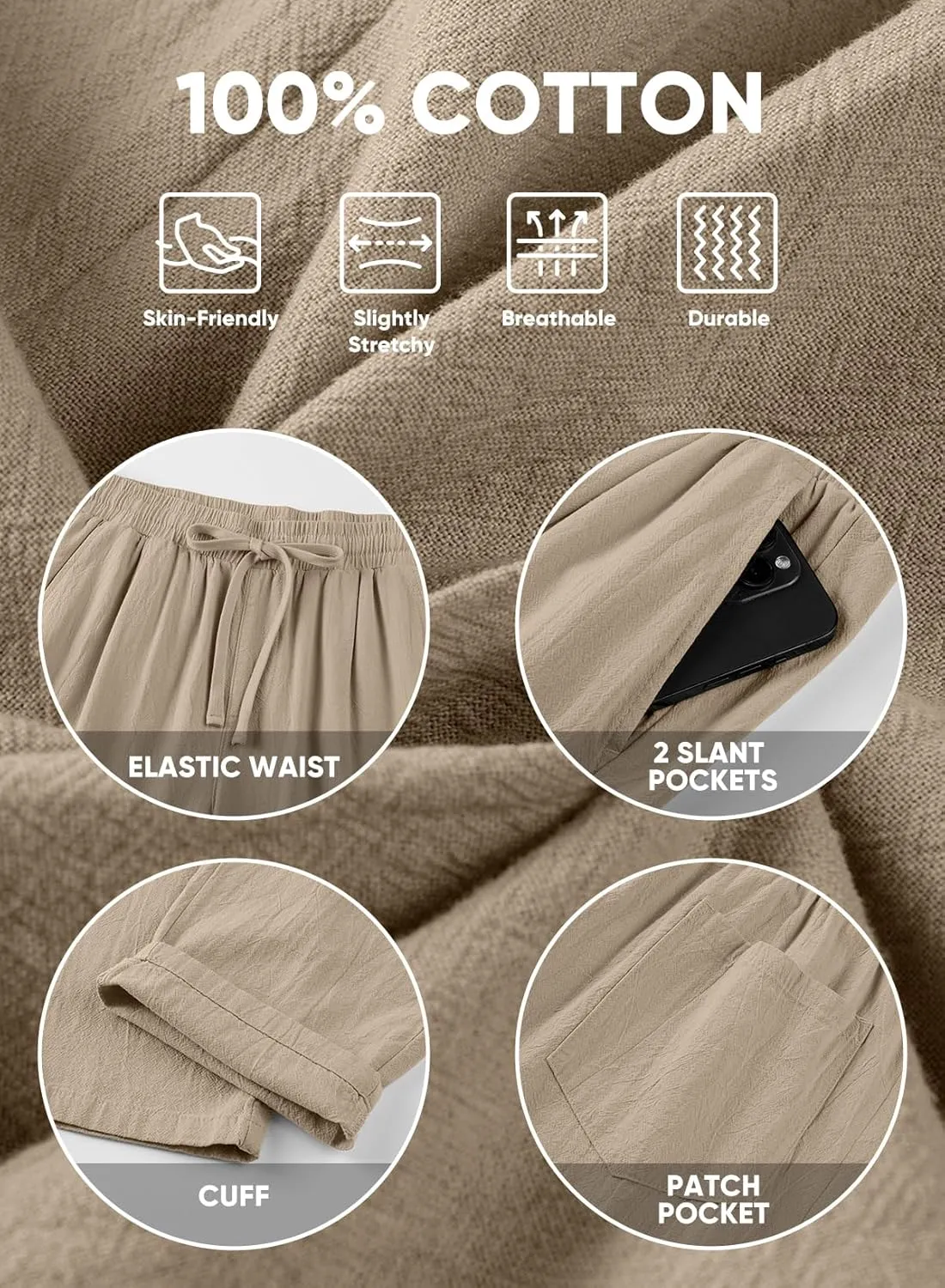 JMIERR Mens Cotton Pants Casual Elastic Waist Drawstring Lightweight Summer Beach Trousers with Pockets