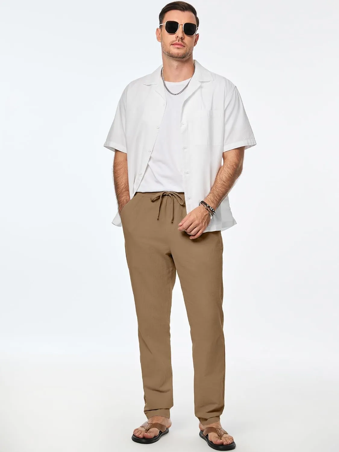 JMIERR Mens Cotton Pants Casual Elastic Waist Drawstring Lightweight Summer Beach Trousers with Pockets