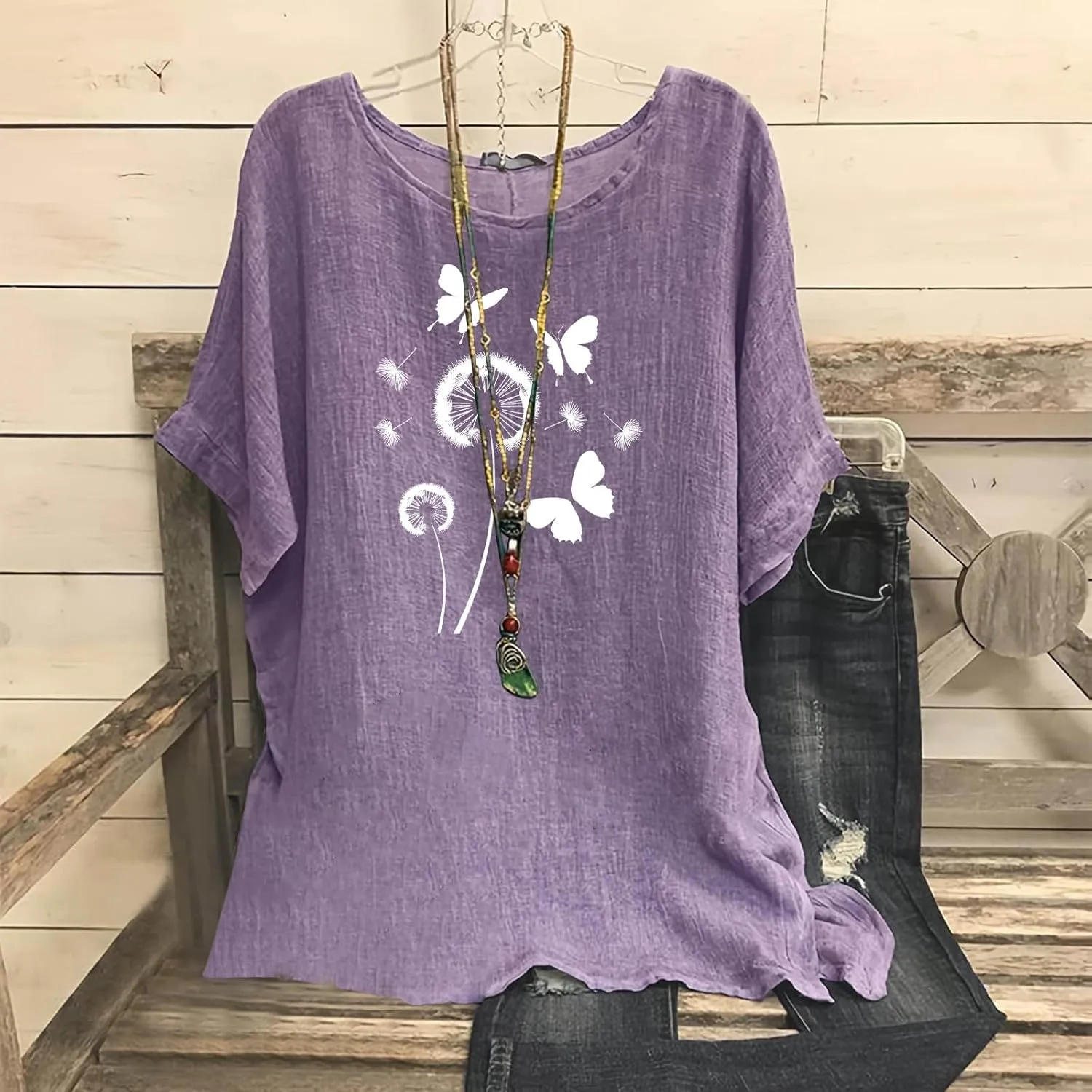 Kawaii Dandelion Printed Shirts Women Cotton Linen Blouses Short Sleeve Dressy Tops Lightweight Elegant Vintage Tees