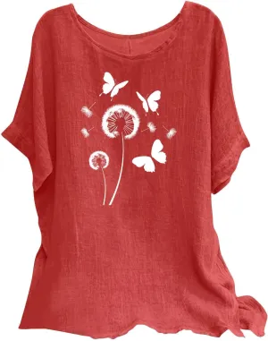 Kawaii Dandelion Printed Shirts Women Cotton Linen Blouses Short Sleeve Dressy Tops Lightweight Elegant Vintage Tees