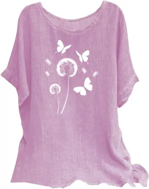 Kawaii Dandelion Printed Shirts Women Cotton Linen Blouses Short Sleeve Dressy Tops Lightweight Elegant Vintage Tees