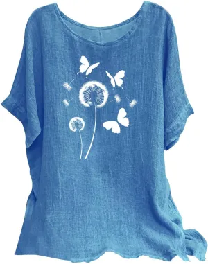 Kawaii Dandelion Printed Shirts Women Cotton Linen Blouses Short Sleeve Dressy Tops Lightweight Elegant Vintage Tees