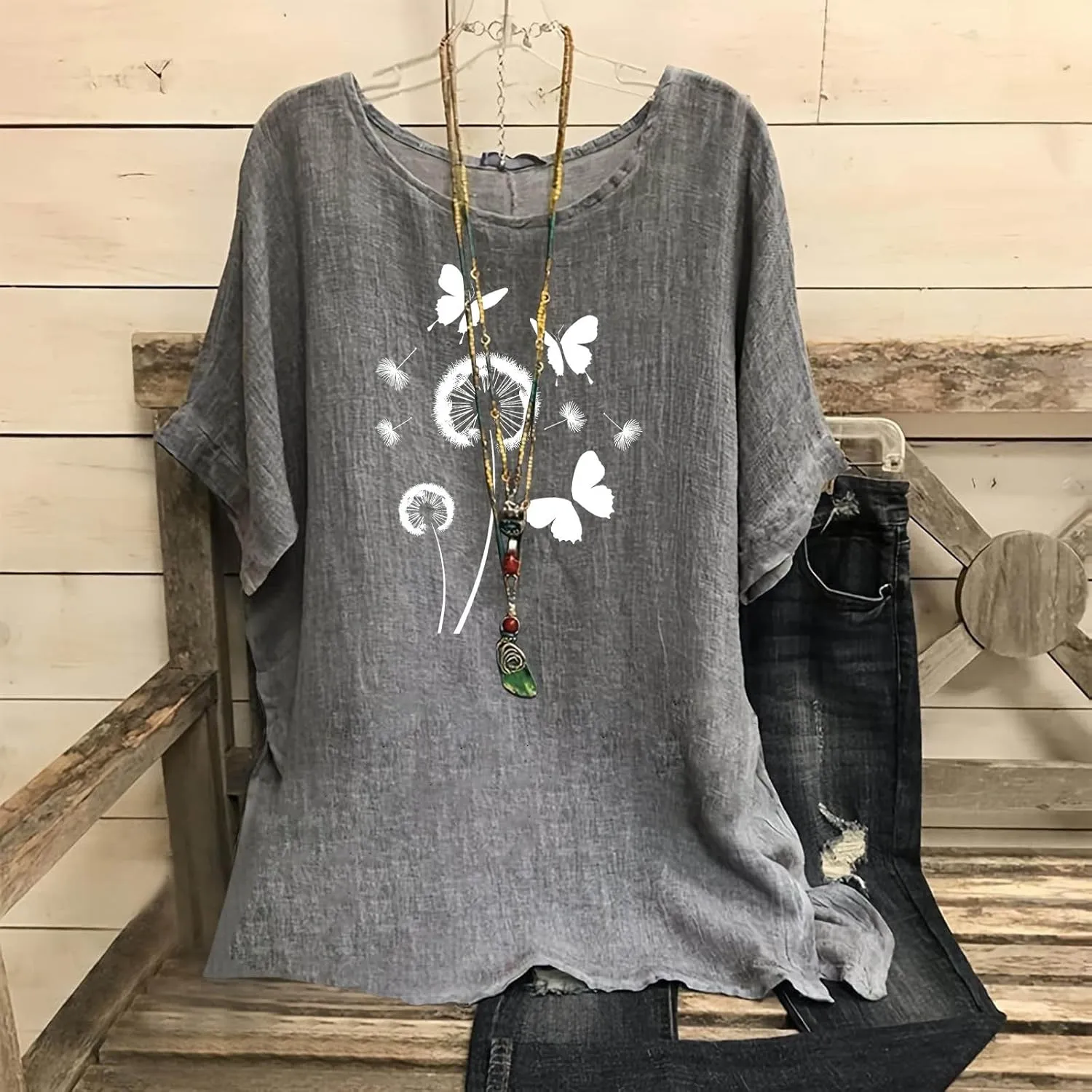 Kawaii Dandelion Printed Shirts Women Cotton Linen Blouses Short Sleeve Dressy Tops Lightweight Elegant Vintage Tees