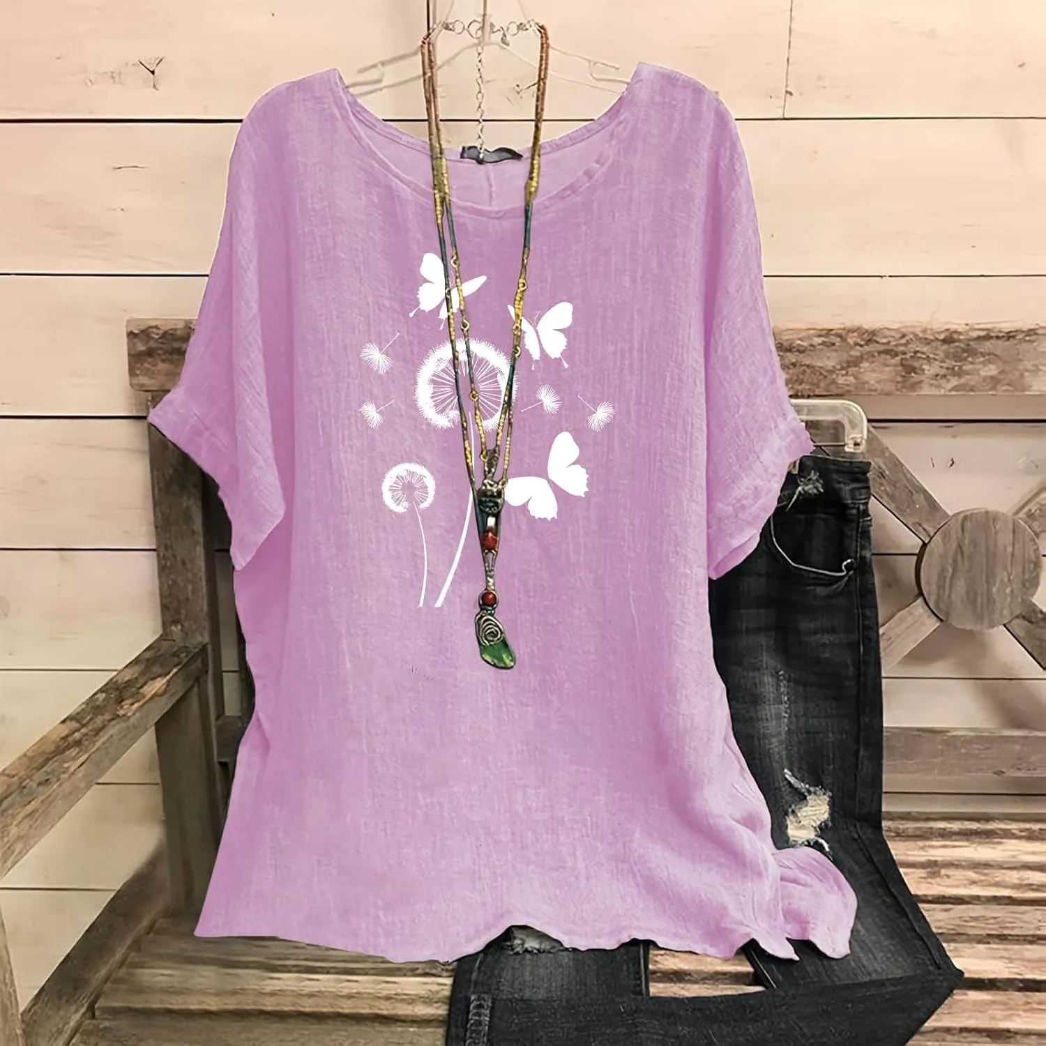 Kawaii Dandelion Printed Shirts Women Cotton Linen Blouses Short Sleeve Dressy Tops Lightweight Elegant Vintage Tees