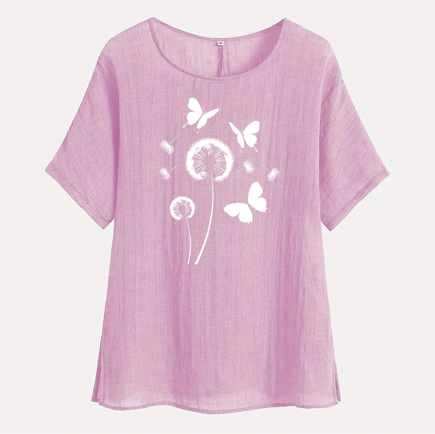 Kawaii Dandelion Printed Shirts Women Cotton Linen Blouses Short Sleeve Dressy Tops Lightweight Elegant Vintage Tees