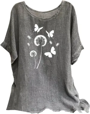 Kawaii Dandelion Printed Shirts Women Cotton Linen Blouses Short Sleeve Dressy Tops Lightweight Elegant Vintage Tees
