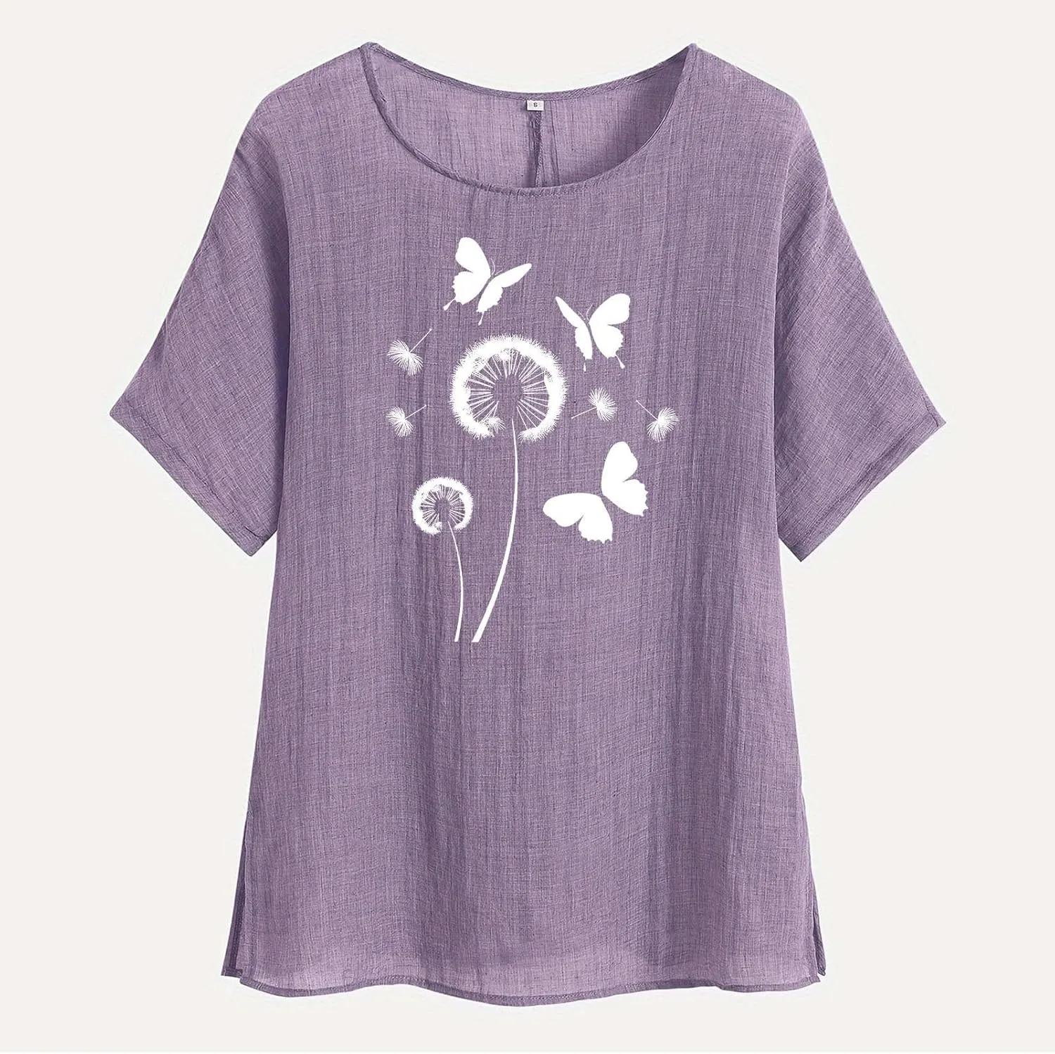 Kawaii Dandelion Printed Shirts Women Cotton Linen Blouses Short Sleeve Dressy Tops Lightweight Elegant Vintage Tees