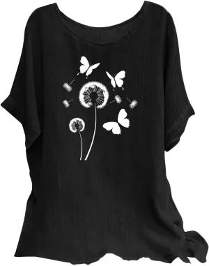Kawaii Dandelion Printed Shirts Women Cotton Linen Blouses Short Sleeve Dressy Tops Lightweight Elegant Vintage Tees