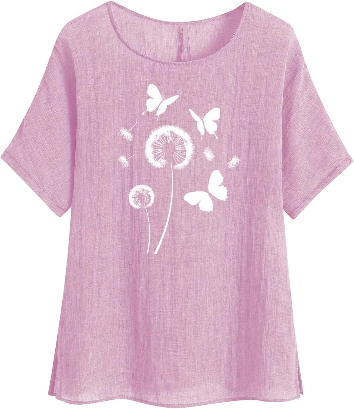 Kawaii Dandelion Printed Shirts Women Cotton Linen Blouses Short Sleeve Dressy Tops Lightweight Elegant Vintage Tees