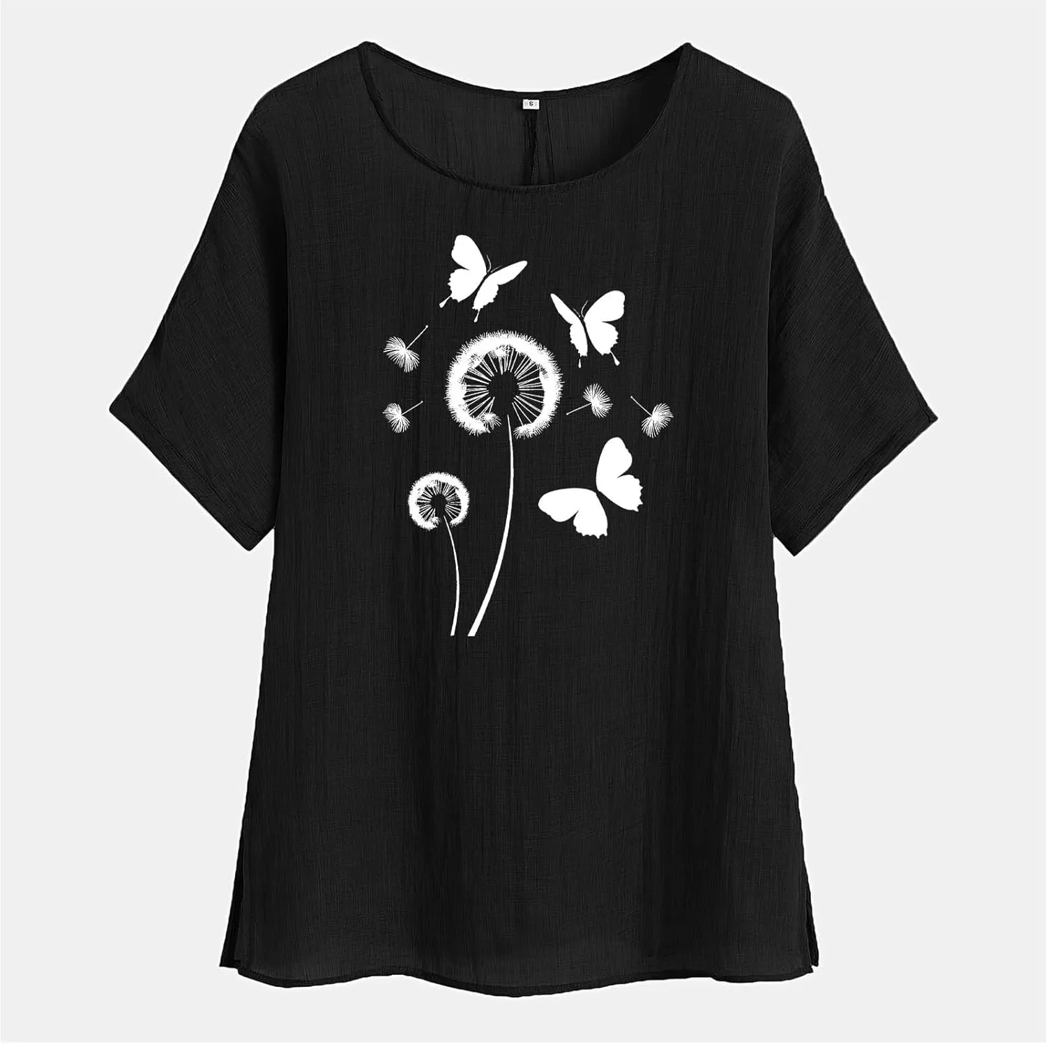 Kawaii Dandelion Printed Shirts Women Cotton Linen Blouses Short Sleeve Dressy Tops Lightweight Elegant Vintage Tees