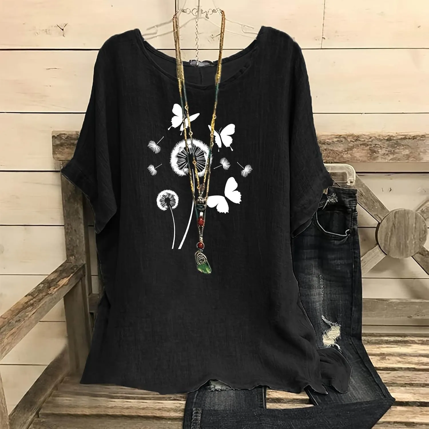 Kawaii Dandelion Printed Shirts Women Cotton Linen Blouses Short Sleeve Dressy Tops Lightweight Elegant Vintage Tees