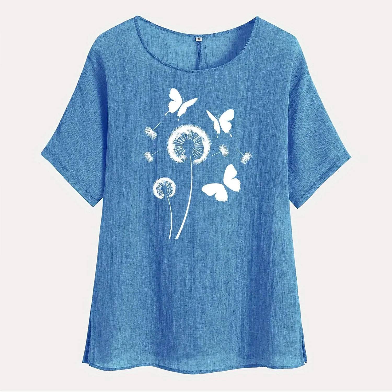 Kawaii Dandelion Printed Shirts Women Cotton Linen Blouses Short Sleeve Dressy Tops Lightweight Elegant Vintage Tees