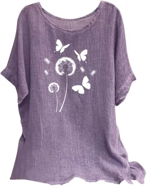Kawaii Dandelion Printed Shirts Women Cotton Linen Blouses Short Sleeve Dressy Tops Lightweight Elegant Vintage Tees