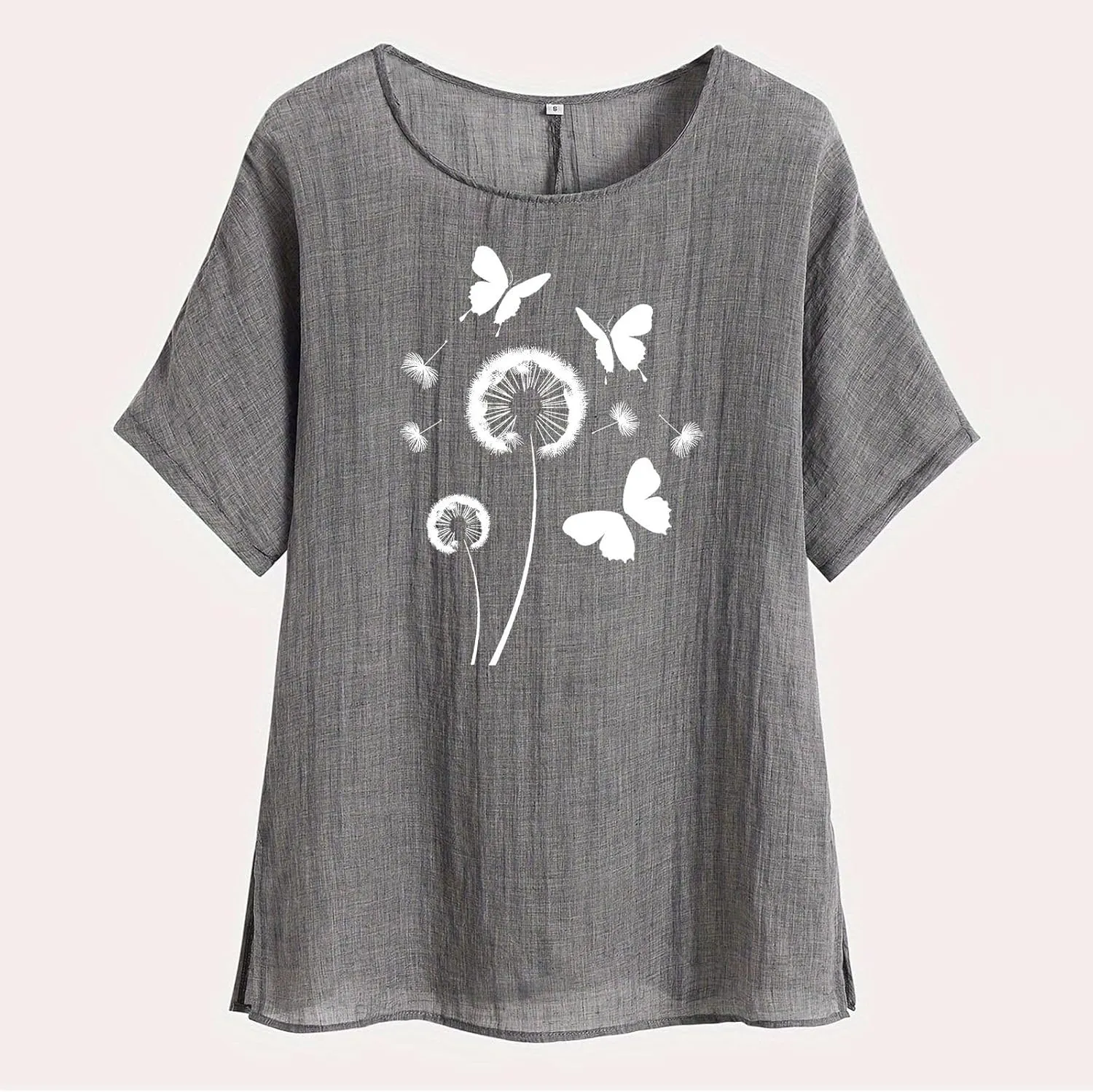 Kawaii Dandelion Printed Shirts Women Cotton Linen Blouses Short Sleeve Dressy Tops Lightweight Elegant Vintage Tees