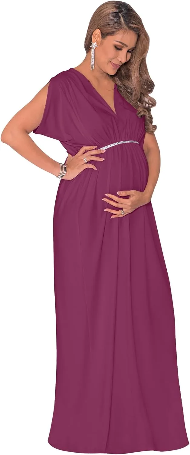 KOH KOH Womens Long Short Sleeve V-Neck Maternity Summer Flowy Gown Maxi Dress