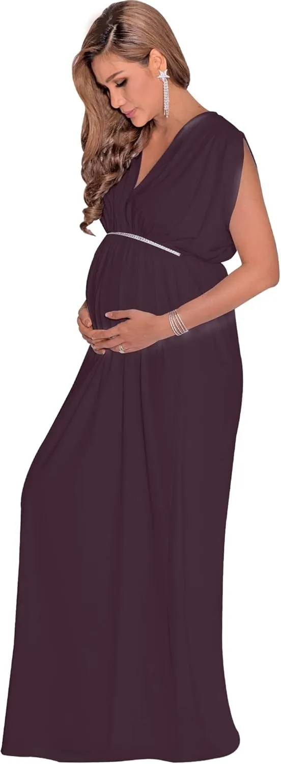 KOH KOH Womens Long Short Sleeve V-Neck Maternity Summer Flowy Gown Maxi Dress