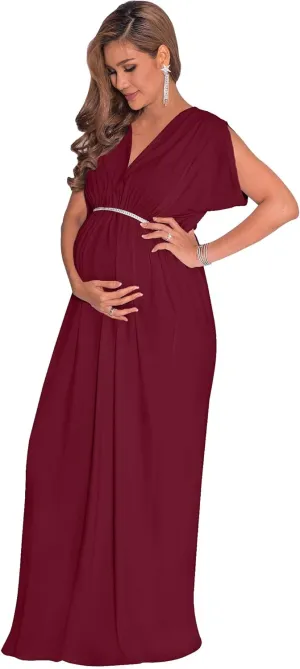 KOH KOH Womens Long Short Sleeve V-Neck Maternity Summer Flowy Gown Maxi Dress