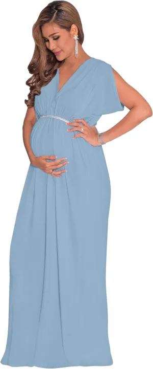 KOH KOH Womens Long Short Sleeve V-Neck Maternity Summer Flowy Gown Maxi Dress