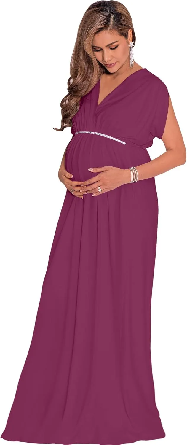 KOH KOH Womens Long Short Sleeve V-Neck Maternity Summer Flowy Gown Maxi Dress