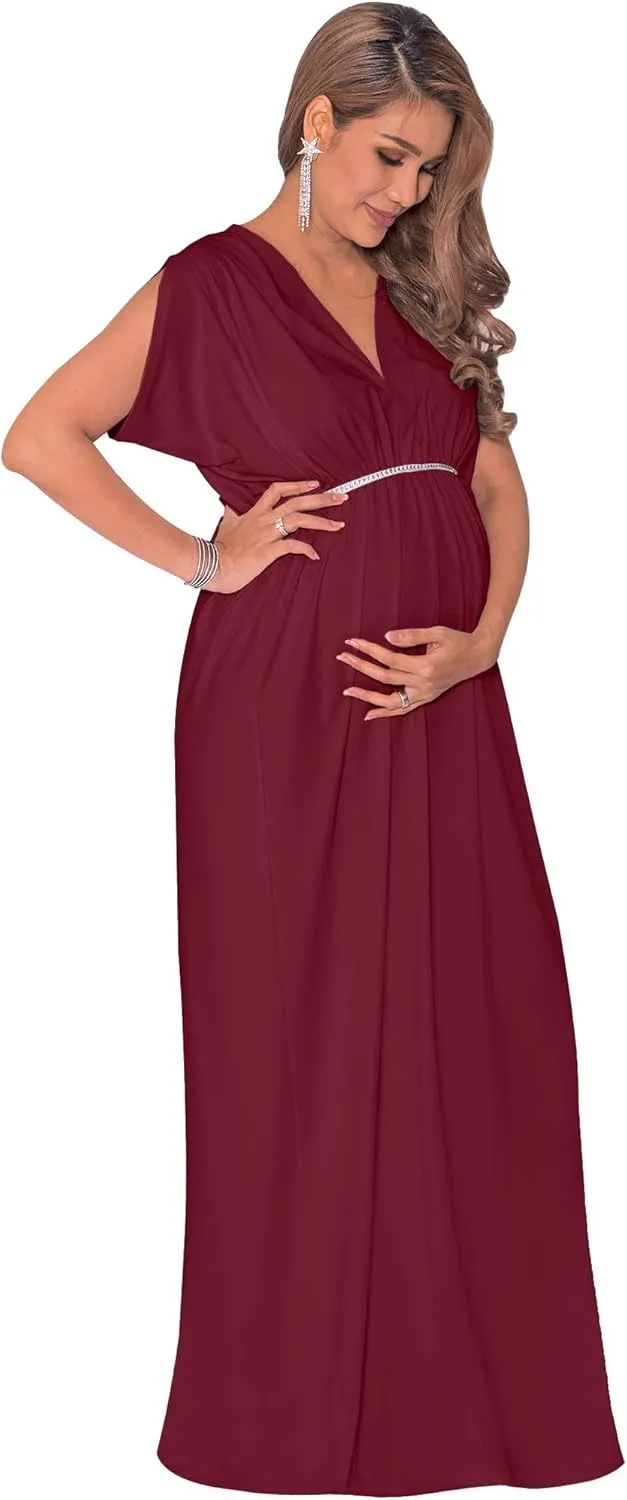 KOH KOH Womens Long Short Sleeve V-Neck Maternity Summer Flowy Gown Maxi Dress