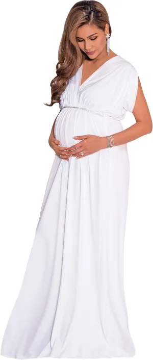 KOH KOH Womens Long Short Sleeve V-Neck Maternity Summer Flowy Gown Maxi Dress