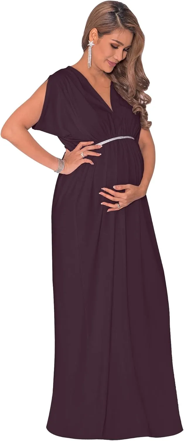 KOH KOH Womens Long Short Sleeve V-Neck Maternity Summer Flowy Gown Maxi Dress