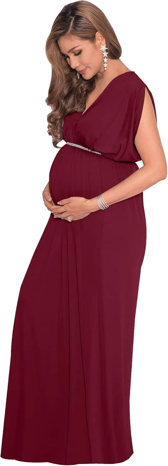 KOH KOH Womens Long Short Sleeve V-Neck Maternity Summer Flowy Gown Maxi Dress