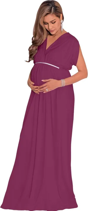 KOH KOH Womens Long Short Sleeve V-Neck Maternity Summer Flowy Gown Maxi Dress