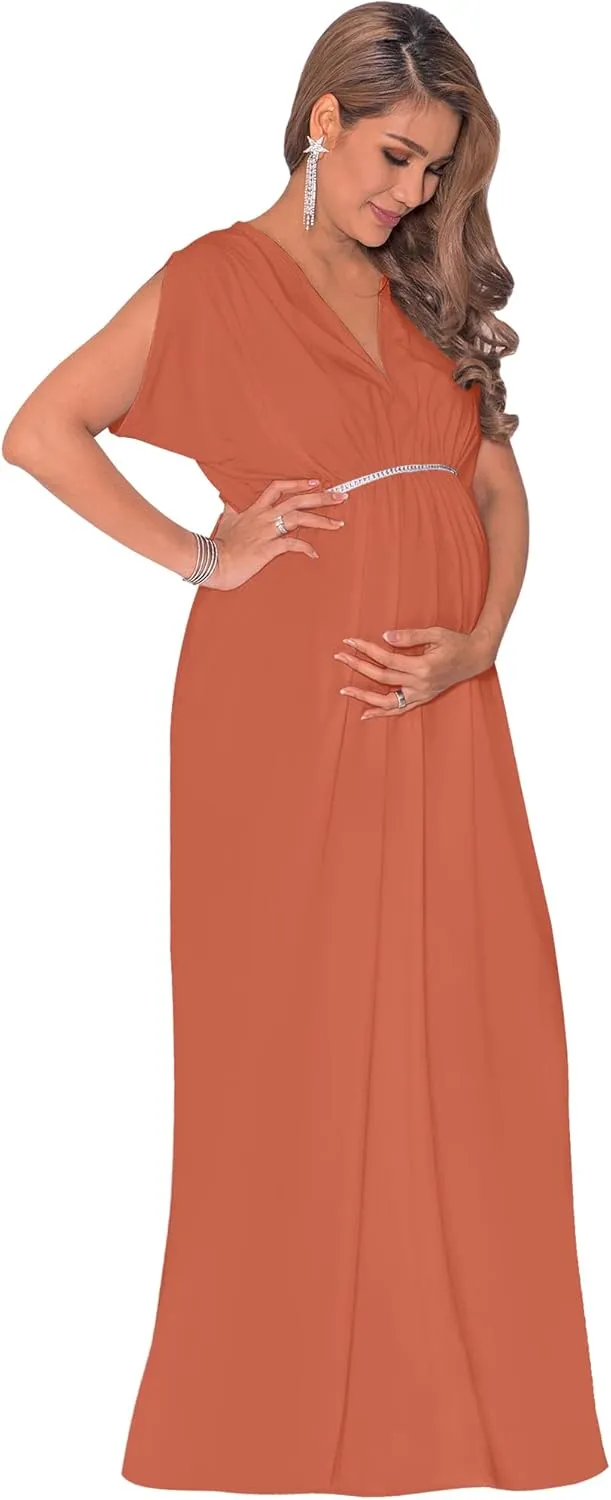 KOH KOH Womens Long Short Sleeve V-Neck Maternity Summer Flowy Gown Maxi Dress