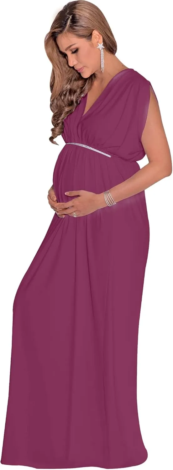 KOH KOH Womens Long Short Sleeve V-Neck Maternity Summer Flowy Gown Maxi Dress