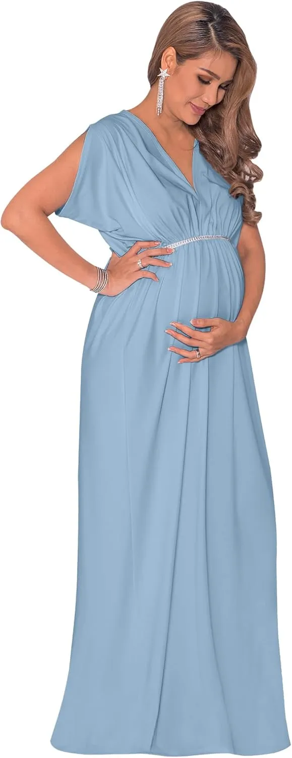 KOH KOH Womens Long Short Sleeve V-Neck Maternity Summer Flowy Gown Maxi Dress