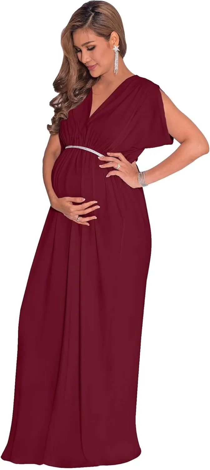 KOH KOH Womens Long Short Sleeve V-Neck Maternity Summer Flowy Gown Maxi Dress