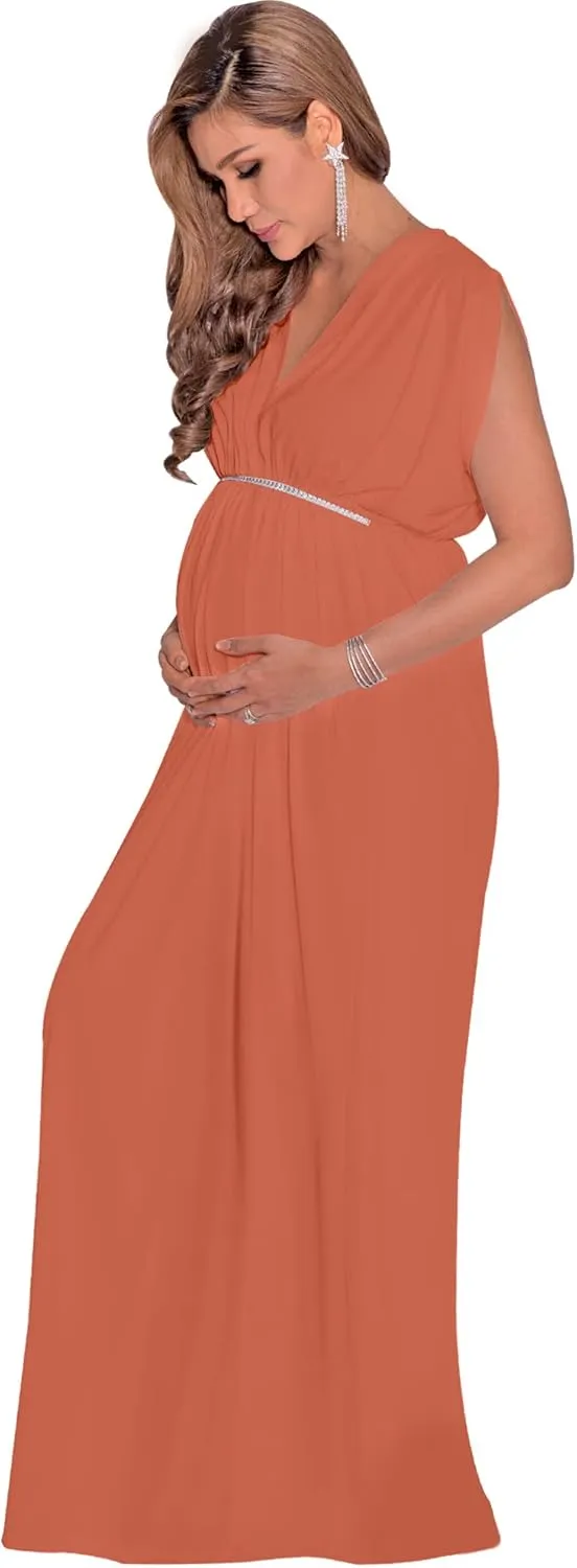KOH KOH Womens Long Short Sleeve V-Neck Maternity Summer Flowy Gown Maxi Dress