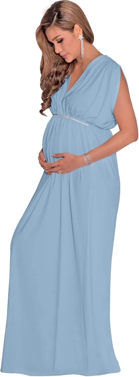 KOH KOH Womens Long Short Sleeve V-Neck Maternity Summer Flowy Gown Maxi Dress
