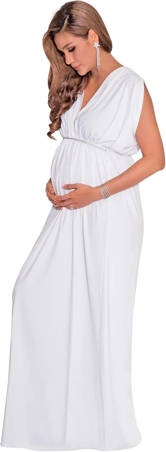 KOH KOH Womens Long Short Sleeve V-Neck Maternity Summer Flowy Gown Maxi Dress