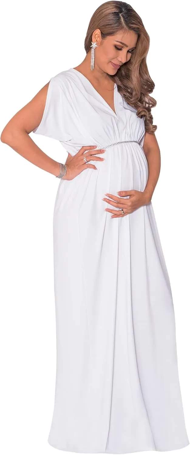 KOH KOH Womens Long Short Sleeve V-Neck Maternity Summer Flowy Gown Maxi Dress