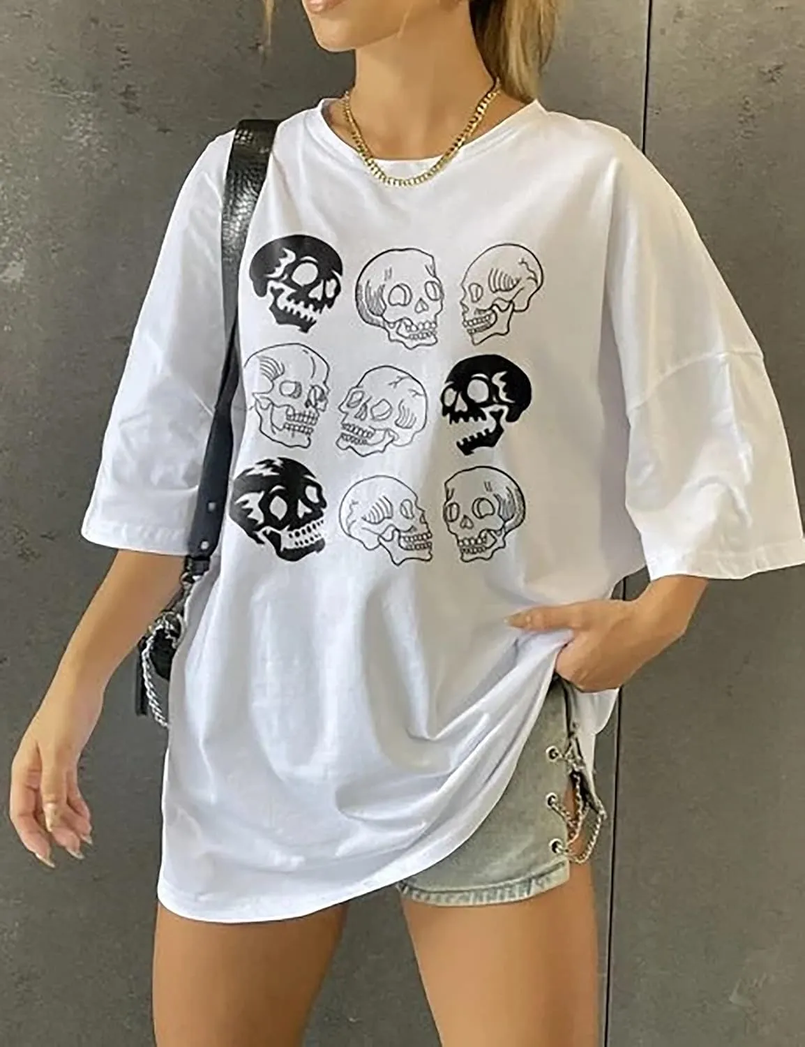 Lauweion Women’s Skull Print Drop Shoulder Tee Oversized Graphic T-Shirt Teen Girls Baggy Trendy Funny Shirt