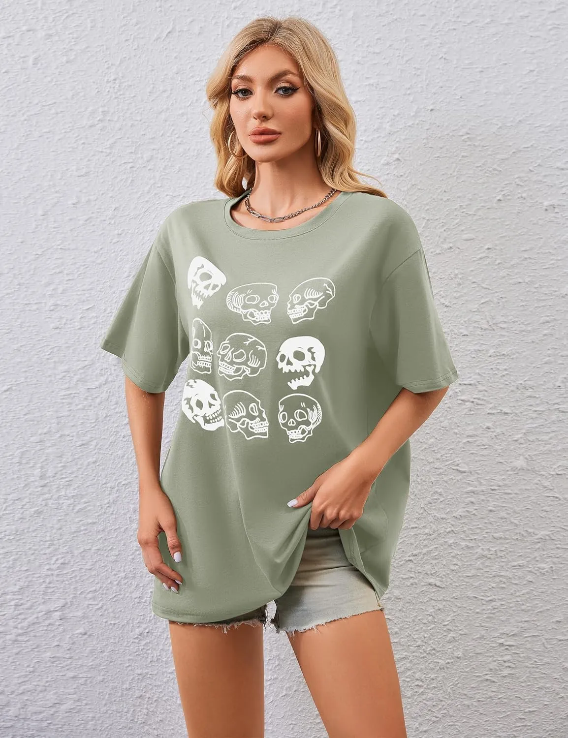 Lauweion Women’s Skull Print Drop Shoulder Tee Oversized Graphic T-Shirt Teen Girls Baggy Trendy Funny Shirt