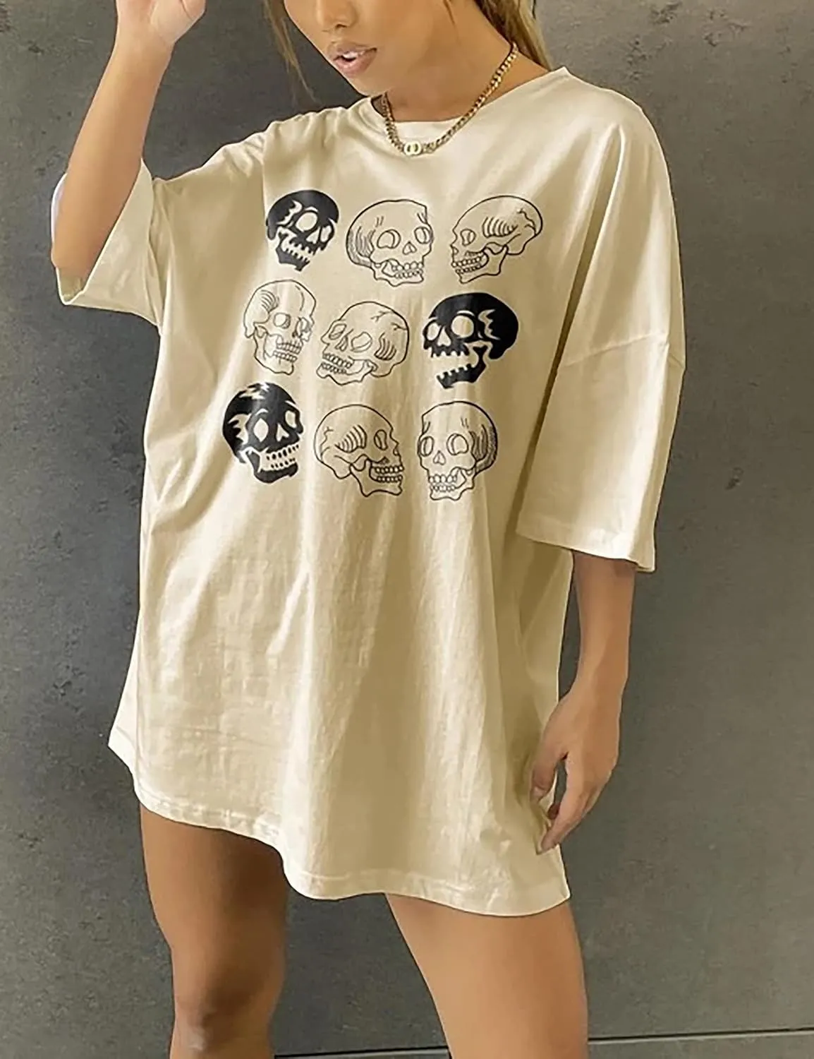 Lauweion Women’s Skull Print Drop Shoulder Tee Oversized Graphic T-Shirt Teen Girls Baggy Trendy Funny Shirt