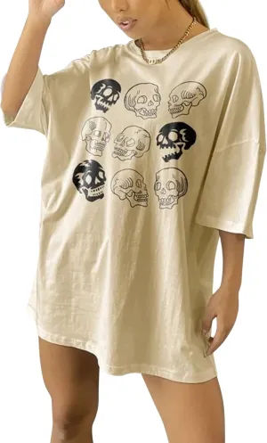 Lauweion Women’s Skull Print Drop Shoulder Tee Oversized Graphic T-Shirt Teen Girls Baggy Trendy Funny Shirt