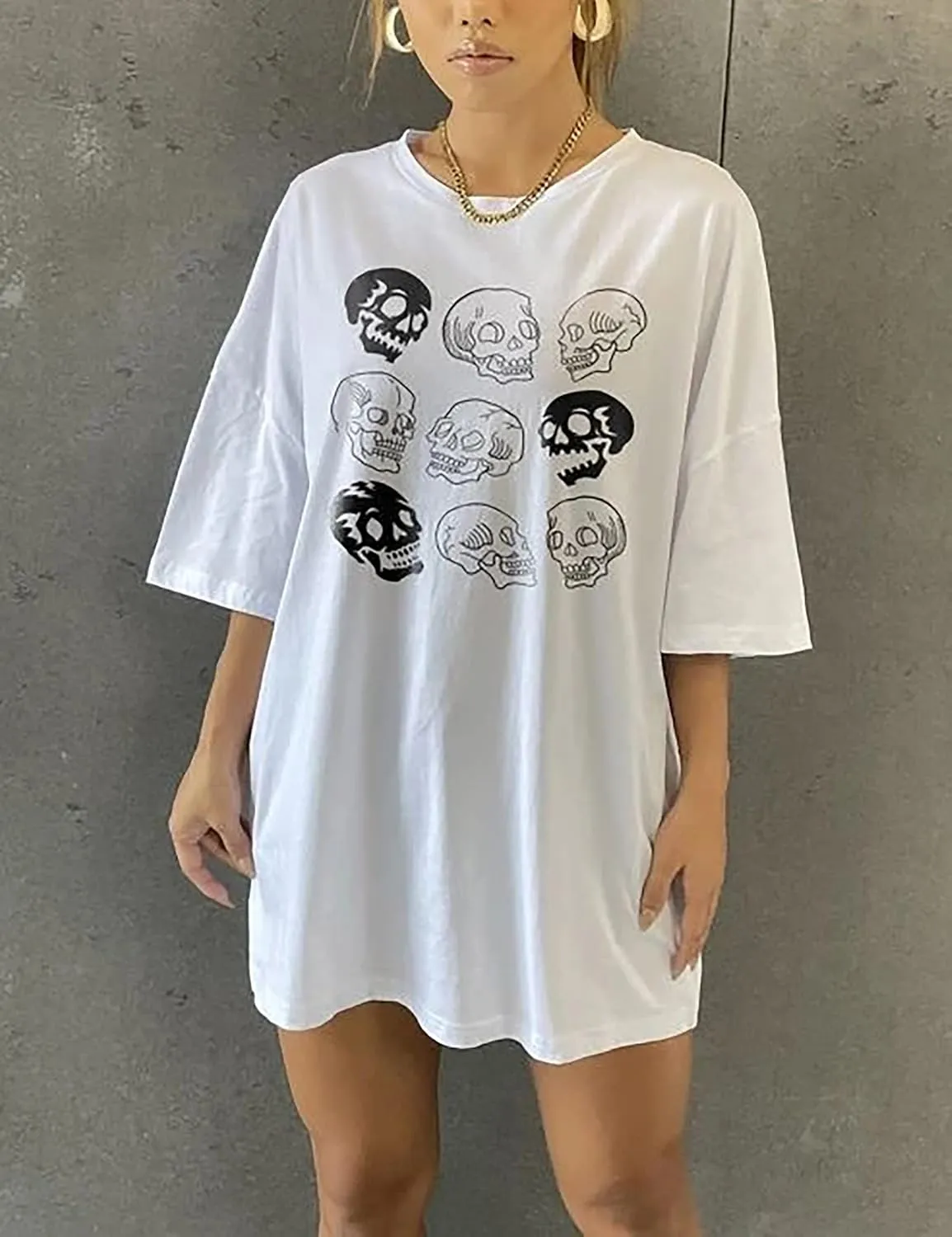 Lauweion Women’s Skull Print Drop Shoulder Tee Oversized Graphic T-Shirt Teen Girls Baggy Trendy Funny Shirt